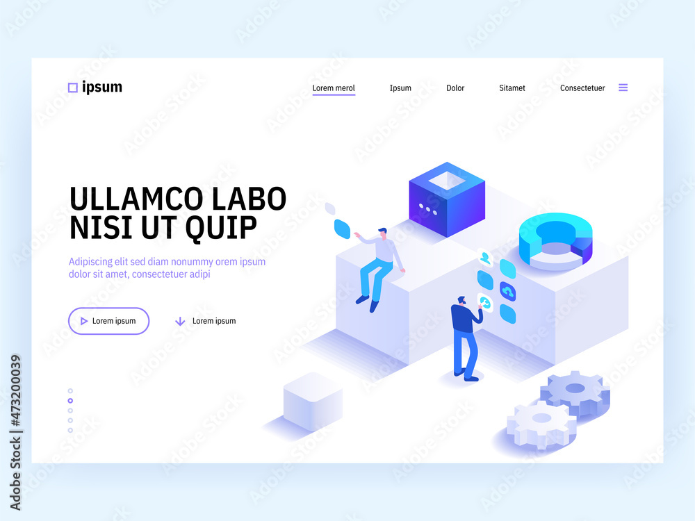 Concept of data science, cluster analysis, statistical information research. Landing page template with scientists or researchers and giant cubes. Modern isometric vector illustration for webpage.