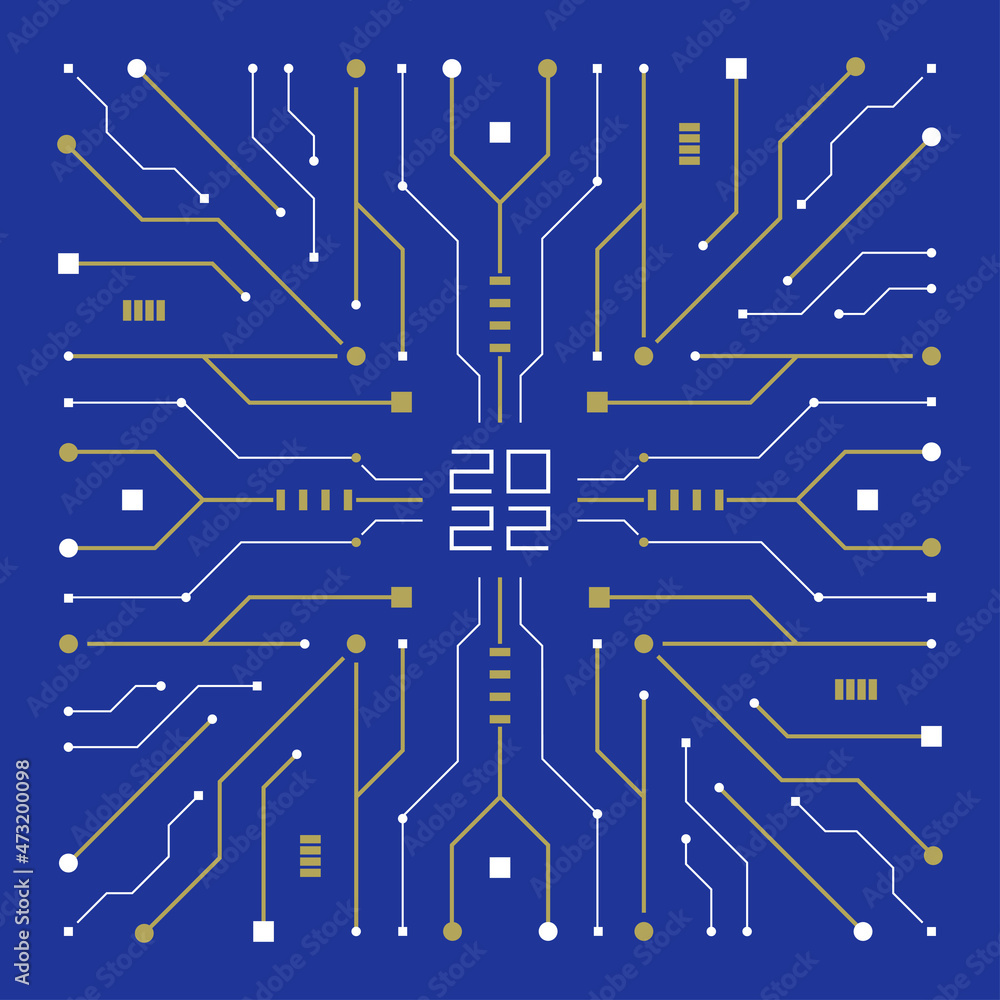 2022 Happy new year technology concept image. Abstract digital illustration of microchip board on snowflake shape on blue background. Happy new year and merry christmas card.