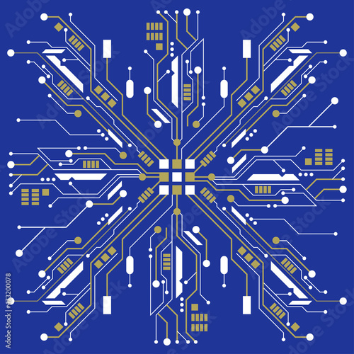 Abstract digital illustration of microchip board on snowflake shape on blue background. Technology concept image. Happy new year and merry christmas card.