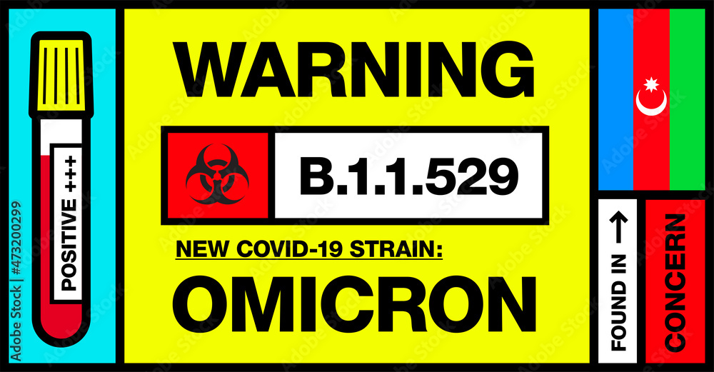 Fototapeta premium Azerbaijan. Covid-19 New Strain Called Omicron. Found in Botswana and South Africa. Warning Sign with Positive Blood Test. Concern. B.1.1.529.