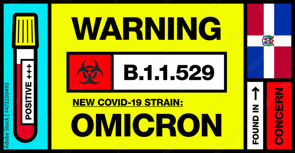 Dominican Republic. Covid-19 New Strain Called Omicron. Found in Botswana and South Africa. Warning Sign with Positive Blood Test. Concern. B.1.1.529. - obrazy, fototapety, plakaty 