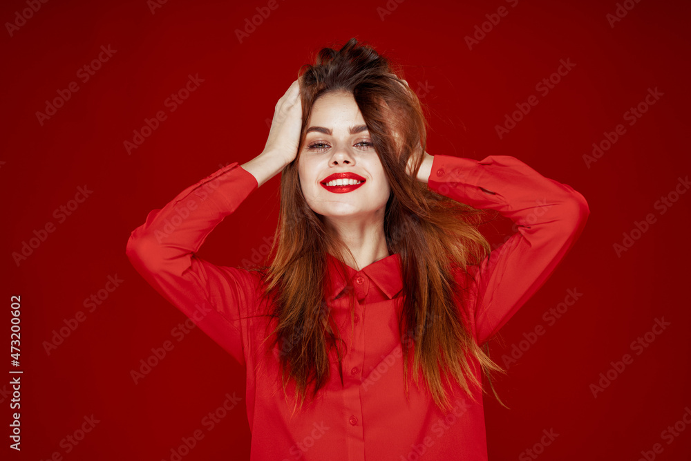 woman in red shirt posing fashion red lips fun woman in red shirt posing fashion red lips fun