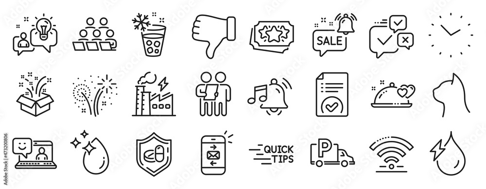 Set of Business icons, such as Fireworks, Truck parking, Alarm sound icons. Water drop, Romantic dinner, Teamwork signs. Wifi, Promotion bell, Pets care. Time, Electricity factory, Survey. Vector