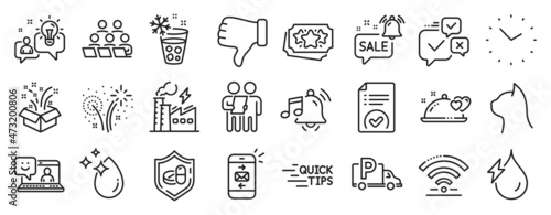 Set of Business icons, such as Fireworks, Truck parking, Alarm sound icons. Water drop, Romantic dinner, Teamwork signs. Wifi, Promotion bell, Pets care. Time, Electricity factory, Survey. Vector