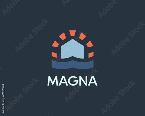 Abstract beach house logo design template. Universal resort, bungalow, rest logo vector emblem sign symbol mark logotype.