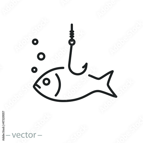 fishing icon, fish with hook rod, bait or lure psychology, concept seafood, thin line symbol - editable stroke vector illustration