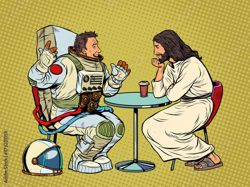Jesus Christ is talking to a male astronaut. Christianity and religion, preaching