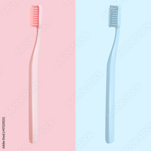Vector 3d Realistic Pink, Blue Simple Blank Plastic Toothbrush Set. Design Template for Mockup. Dentistry, Healthcare, Hygiene Concept. Two Tooth Brushes. Brush for Teeth