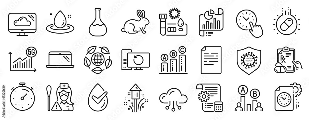 Set of Science icons, such as Coronavirus, Ab testing, Nurse icons. Report document, 5g statistics, Laptop signs. Time management, Cloud storage, Eco organic. Settings blueprint, Timer. Vector