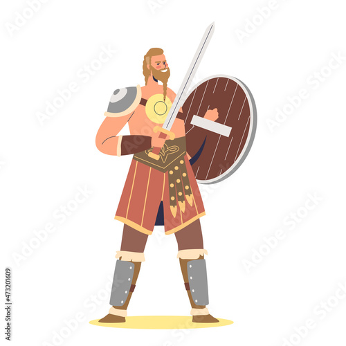 Barbarian viking warrior holding sward and shield. Scandinavian medieval man with traditional weapon