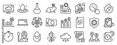 Set of Science icons, such as Coronavirus, Ab testing, Nurse icons. Report document, 5g statistics, Laptop signs. Time management, Cloud storage, Eco organic. Settings blueprint, Timer. Vector