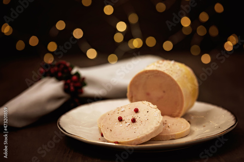Foie gras, goose liver traditional french starter for winter holidays celebration. Cristmas appetizer for buffet, festive dinner concept