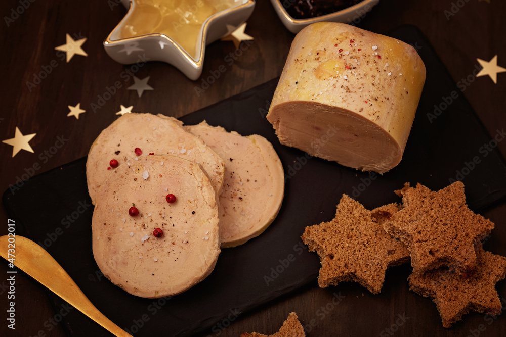 Foie gras, goose liver  traditional french starter for winter holidays celebration. Cristmas appetizer for buffet, festive dinner concept - obrazy, fototapety, plakaty 
