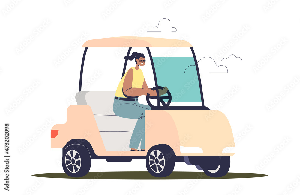 Woman driving electric golf car. Female player of golf sport game in vehicle. Outdoor activity