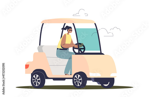 Woman driving electric golf car. Female player of golf sport game in vehicle. Outdoor activity