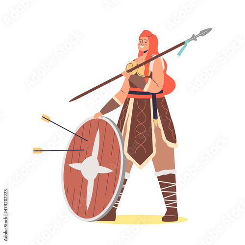 Viking female barbarian warrior woman with red hair holding shield. Scandinavian medieval girl