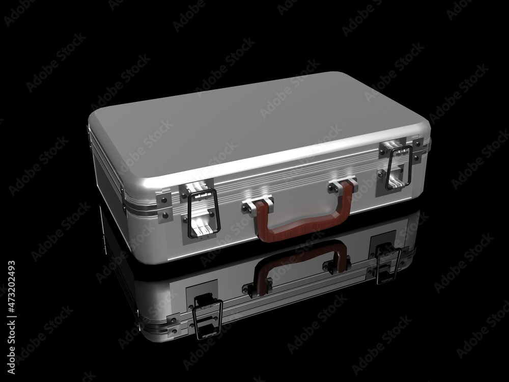 3D- rendering. The closed aluminum case rests on a glossy black surface 3D- rendering. The closed aluminum case rests on a glossy black surface
