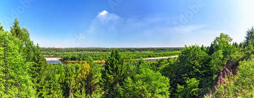 panorama of the forest and the river on a sunny summer day