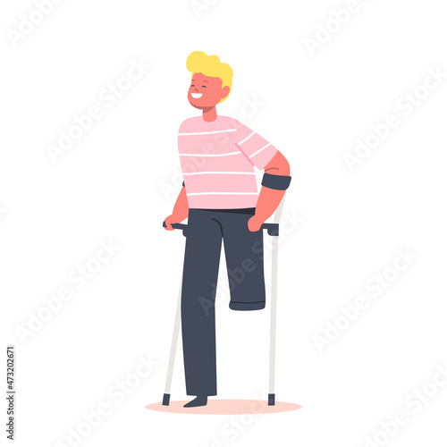 Disabled Boy without one Leg Stand on Crutches. Patient Rehabilitation after Accident, Handicapped Child Character Rehab