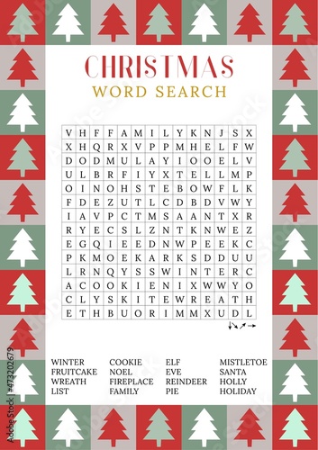 Christmas word search puzzle.  Holiday crossword  worksheet, find 16 hidden words. Logic game. Party card. Fun printable winter time activities for adults and children. Vector eps 10