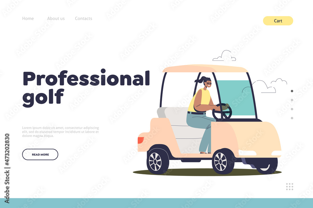 Professional golf concept of landing page with woman driving electric golf car