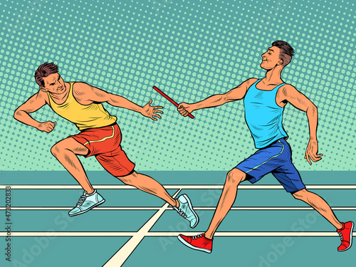 sports relay, passing the baton, men athletes race