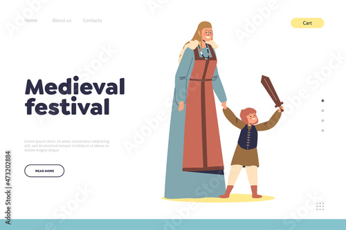 Medieval festival concept of landing page with viking family mother with son kid