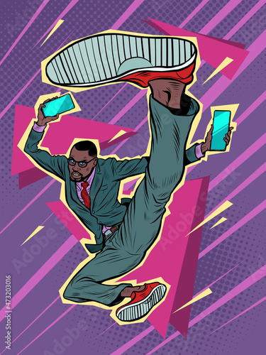 kick jump black businessman with smartphone, success energy leader. Martial arts, karate and Wushu