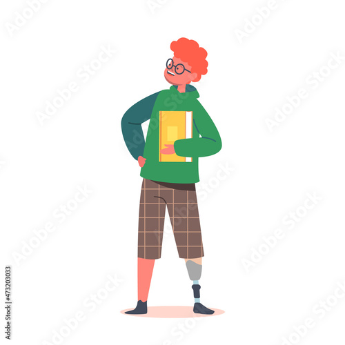 Disabled Schoolboy with Leg Prosthesis Smiling, Hold Textbook in Hand. Motivation, Bodypositive. Invalid Handicapped Kid