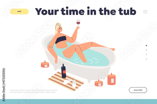 Your time in tube concept of landing page with woman taking bath and drinking wine