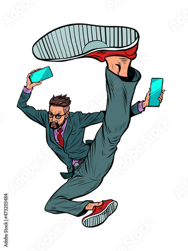 kick jump businessman with smartphone, success energy leader. Martial arts, karate and Wushu