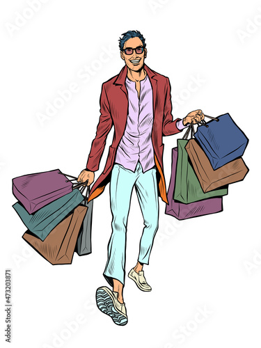 A man with shopping bags. sales in stores. The shopaholic bought a lot of goods
