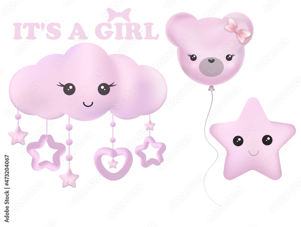 Set of baby shower or birthday cartoon elements star, bear, balloon. It's a boy. It's a girl. Vector illustration