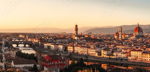 High panorama above Firenze with the Arno river in the Tuscany, Italy.