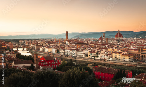 High panorama above Firenze with the Arno river in the Tuscany  Italy.