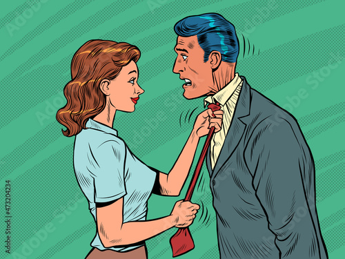 the wife ties her husband tie, the family. Morning man is going to work
