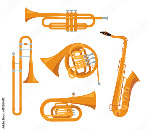 Set of wind classical musical instruments isolated on white background. Golden Trumpet, Tuba, Saxophone, Trombone and French Horn icons. Vector illustration in flat or cartoon style.