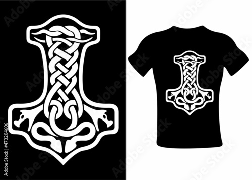 Thor s hammer Mjolnir Celtic knot, Scandinavian Viking style ornament. Isolated vector illustration. T-shirt design hand drawing.