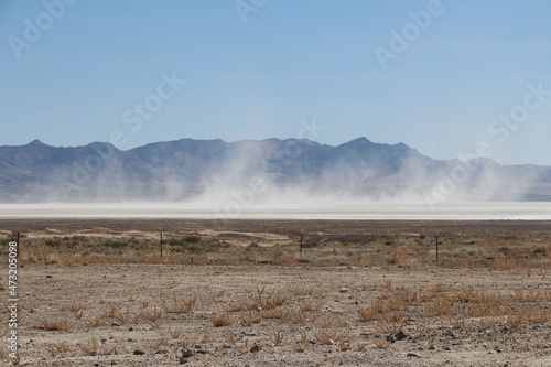 dust storm at the dry lake bed of Sevier Lake in central utah west desert area