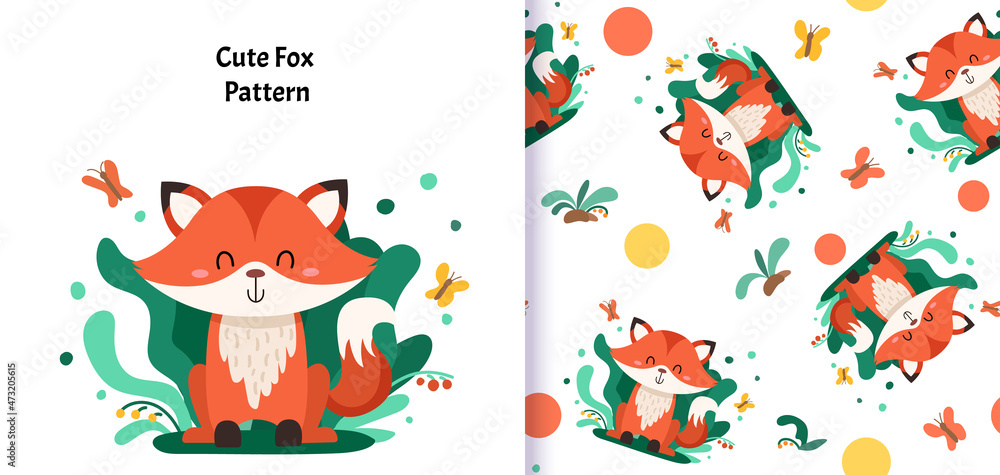 Fototapeta premium Seamless pattern with cute Fox. Vector illustration for kids. Can be used for textiles print and gift wrapping Baby Shower. Vector cartoon illustration