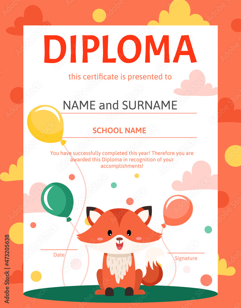 Fototapeta premium Colorful school and preschool diploma certificate with cute fox for kids and children in kindergarten or primary grades. Vector cartoon flat illustration