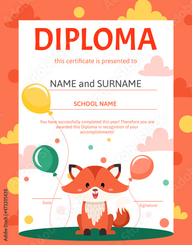 Colorful school and preschool diploma certificate with cute fox for kids and children in kindergarten or primary grades. Vector cartoon flat illustration
