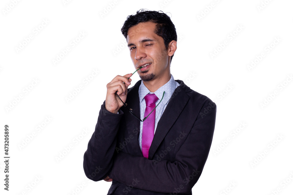 Elegant man wearing his glasses for flirting, isolated on white background. Elegant man wearing his glasses for flirting, isolated on white background.