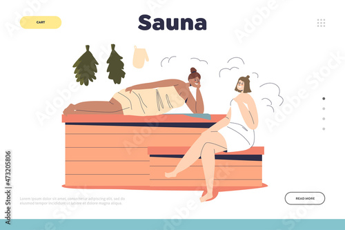 Sauna concept of landing page with two women relax in banya wear towels and lying on wooden benches
