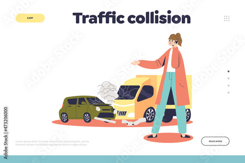 Traffic collision concept of landing page with female car driver in accident on city street