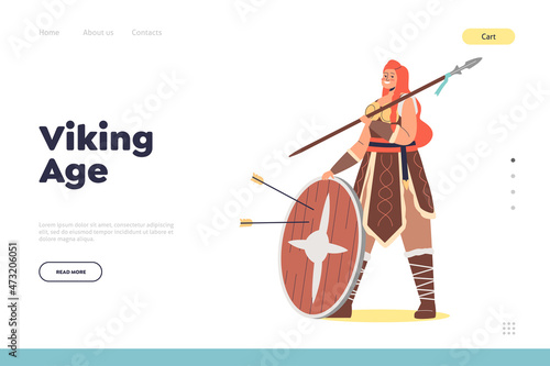 Viking age concept of landing page with female barbarian warrior woman with red hair holding shield