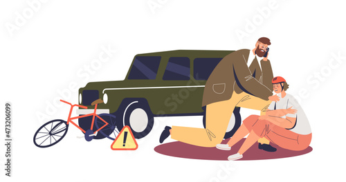 Car accident with bicycle on road. Driver checking injured and collision cyclist
