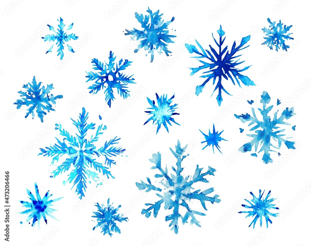 Snowflake watercolor brush painting, isolated snowflakes. granulation effect on paper. Snowflake watercolor brush painting, isolated snowflakes. granulation effect on paper.