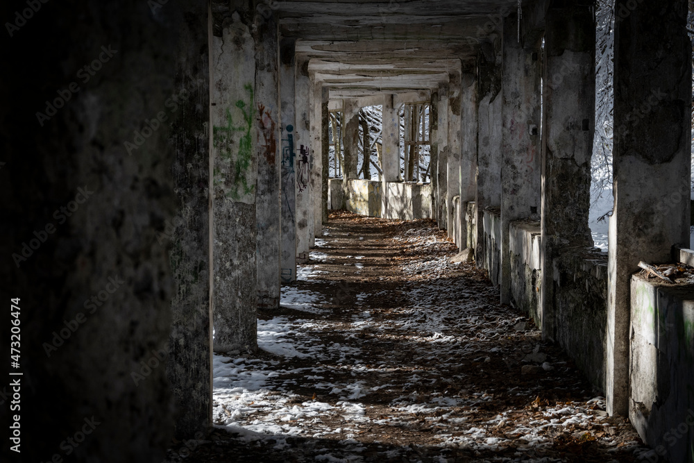 Abandoned Brestovac hospital, high on the Medvednica mountain, lying forsaken in snow covered forest belived to be haunted by the souls of passing people