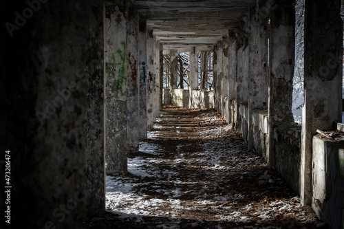 Abandoned Brestovac hospital, high on the Medvednica mountain, lying forsaken in snow covered forest belived to be haunted by the souls of passing people